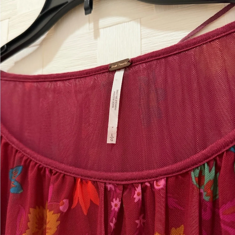 Free People Boho Floral Balloon Sleeve Blouse Burgundy Peasant Top Size M